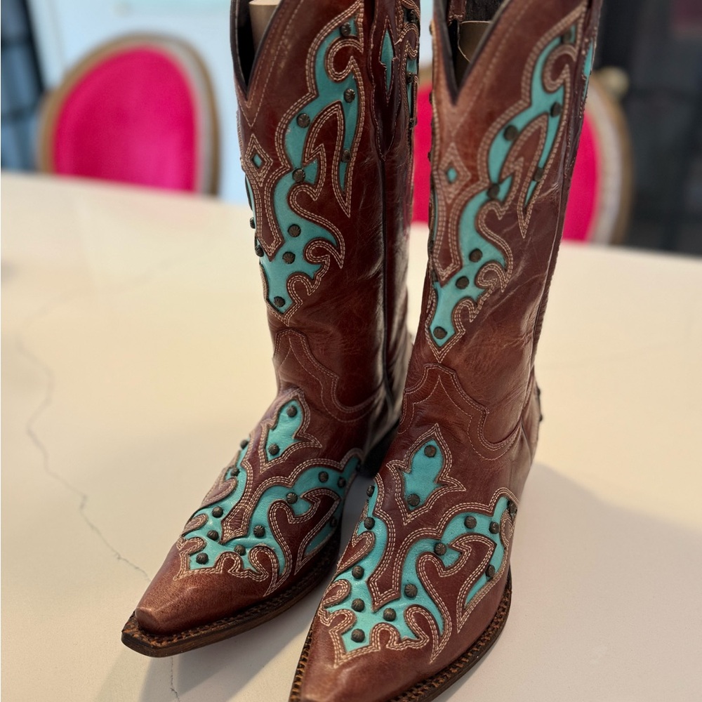 Brown and Blue Heeled Boots with Intricate Design